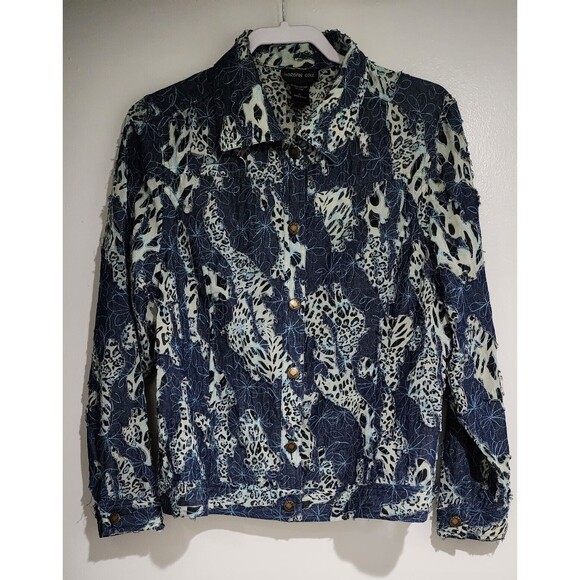Morgan Cole Womens Distressed Jacket Size L Blue Ivory Animal Print Applique - Picture 2 of 12